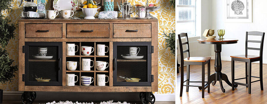 Industrial bar cart with coffe mugs on it and an image of a cafe table in a dining room