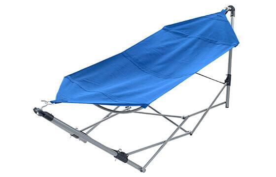 Red portable hammock with aluminum frame by Stalwart