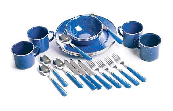 24 piece assorted blue enamel camping utensil set