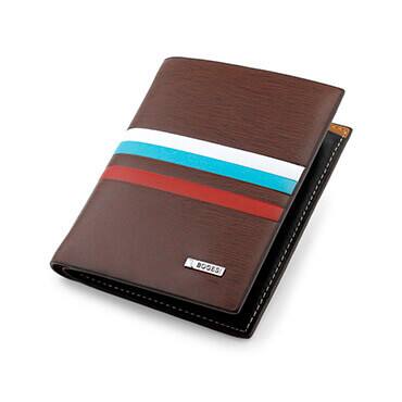 Brown leather wallet with red, white and blue stripes 