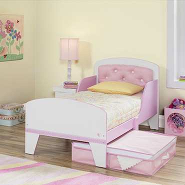 Jack and Jill pink/white toddler be with upholstered headboard