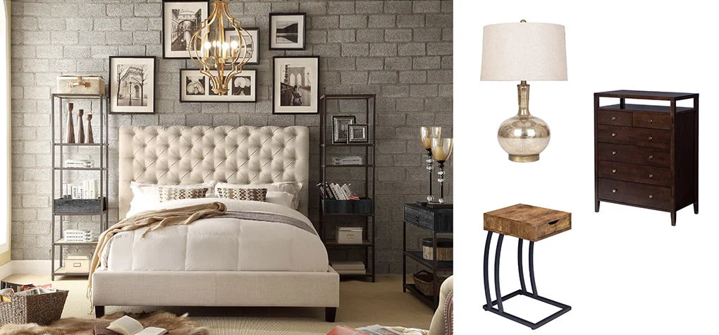 Upholstered platform bed in bedroom featuring a dresser, table lamps, and bedside table