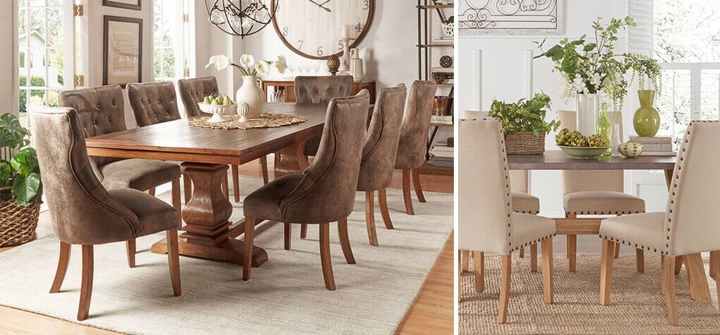 Two different styles of furnished dinning rooms featuring a dining table and chairs