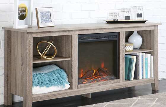 Driftwood media console with electric fireplace 