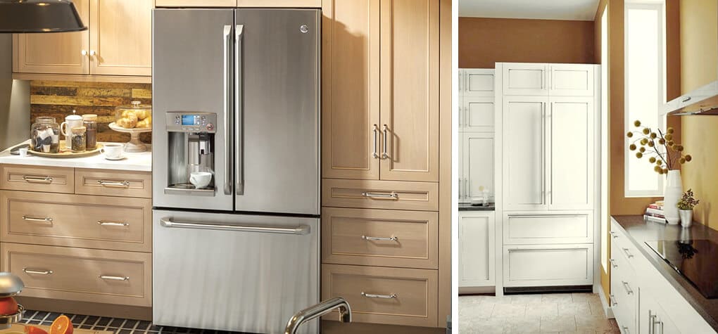 Two different refrigerators shown in different kitchens. One is stainless steel, and the other is a fully integrator refrigerator with white wood. 