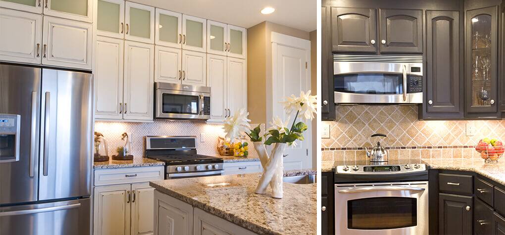 Two different kitchens featuring stainless steel above the range stainless steel microwaves