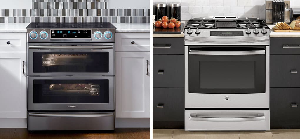 Close up of two different ranges in two different kitchens. One is an electric stove and the other is a gas stove
