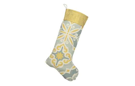 Blue, yellow, and ivory printed with gold pleated top band Christmas stocking