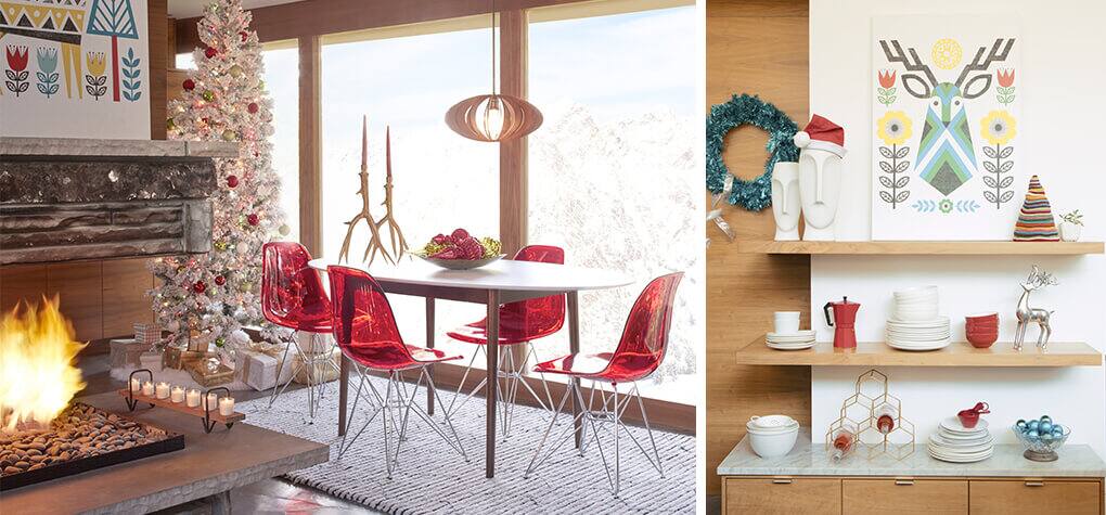 Mid-century modern dining room with lit fireplace, white Christmas tree, and decorations. The second shot is featuring mid-century modern dinnerware on shelves