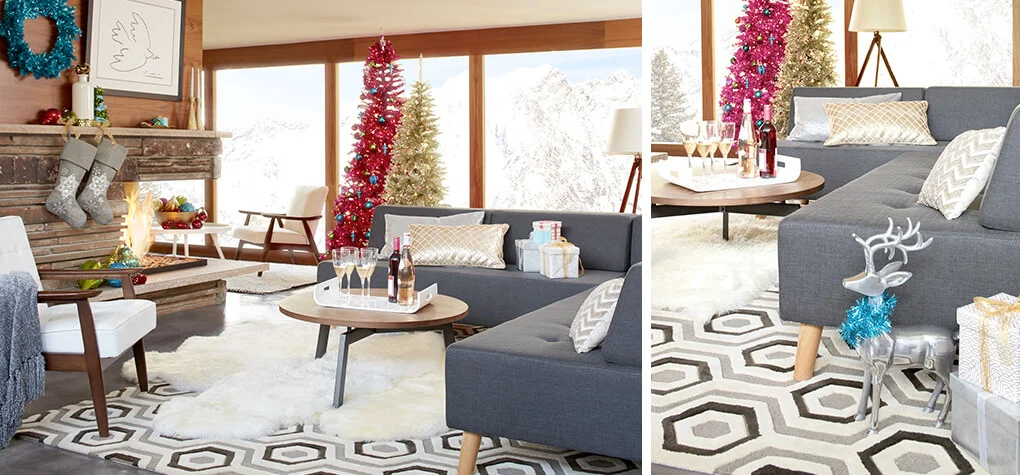 Two shots of the same living room Mid-Century modern decorated with mid-century modern Christmas decorations