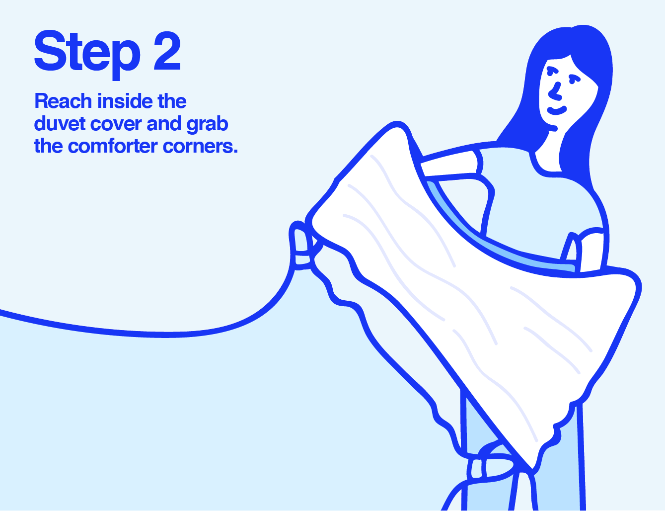 Info graphic of a woman placing a comforter into a duvet cover 