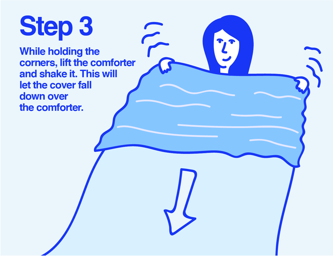 Info graphic of a woman shaking a duvet cover over top of a comforter  
