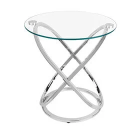 A modern glass top endtable with a metal base 