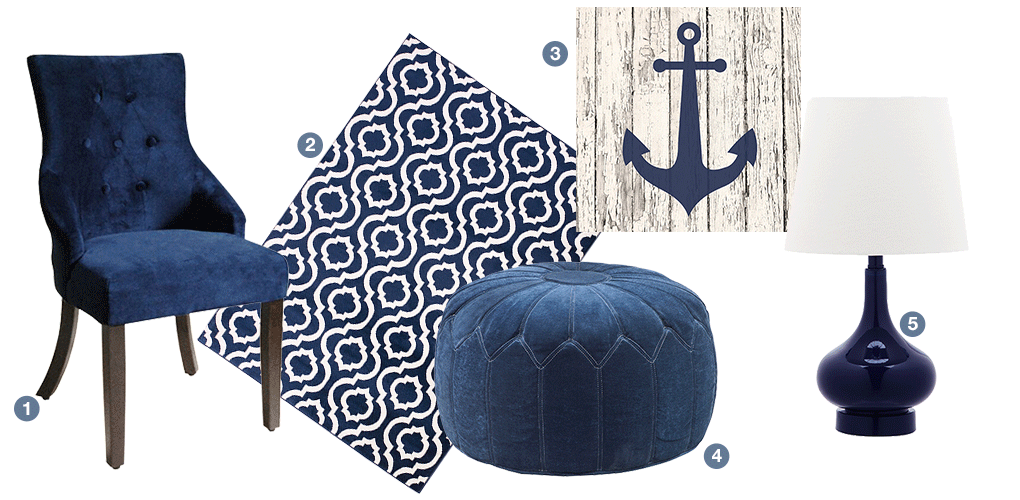 A collage of navy and dark blue products: a blue trellis area rug, a navy blue table lamp, a blue velvet accent chair, a blue anchor art piece, and a blue moroccan pouf.