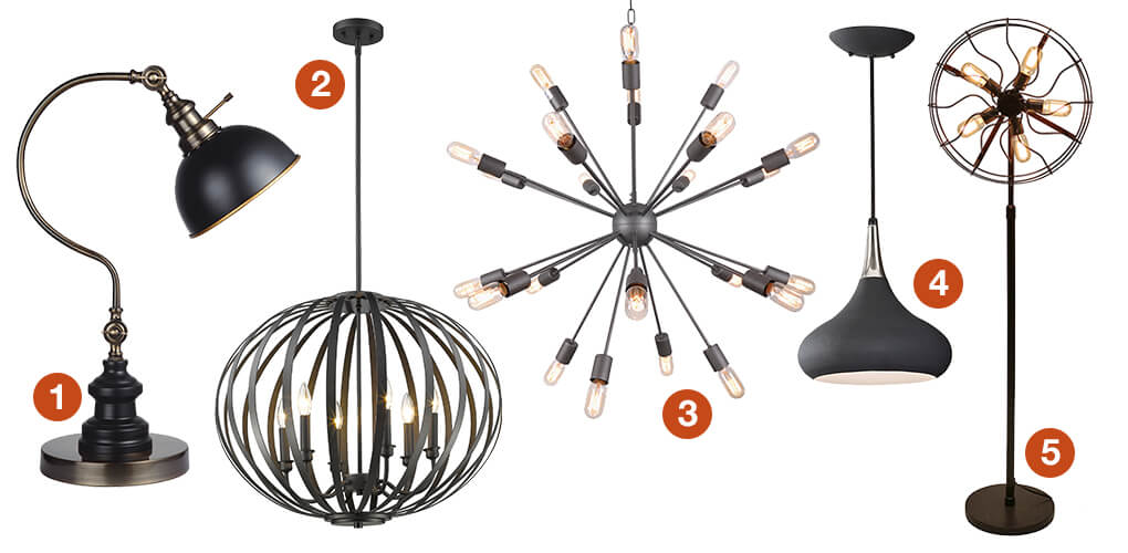 A collage of funky lighting: an industrial floor lamp, a geometric pendant  light, a black mid-century pendant, an industrial table lamp, and a sputnik style chandelier. 