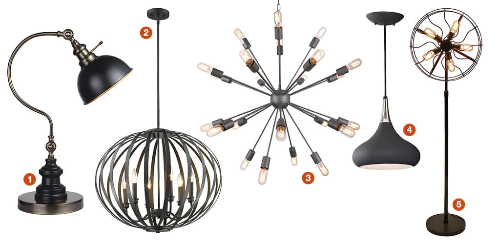 A collage of funky lighting: an industrial floor lamp, a geometric pendant  light, a black mid-century pendant, an industrial table lamp, and a sputnik style chandelier. 