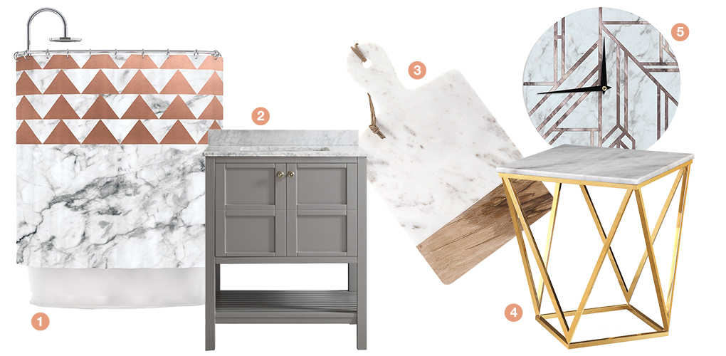 A collage of products with marble accents: a gold end table with a marble top, a marble wall clock, a cutting board with a marble accent, a bathroom vanitie with a marble top, and a marble printed shower curtain. 