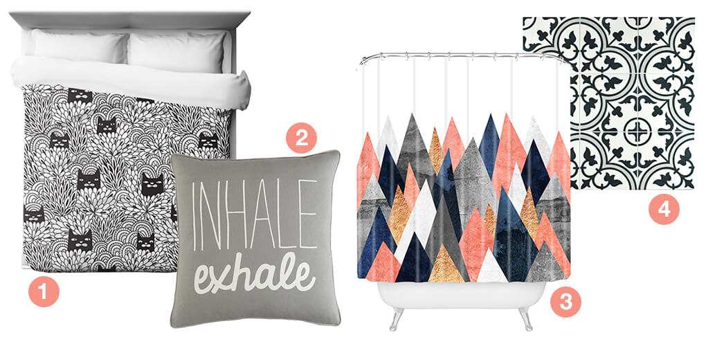 A collage of products with bold graphic prints: graphic floor tile, a throw pillwo with a graphic print, a shower curtain with a graphic print, and a duvet cover with a graphic print. 