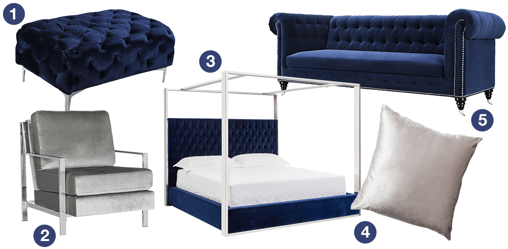 A collage of velvet products: a blue velvet bed, a silver velvet throw pillow, a blue velvet ottoman, a silver velvet accent chair, a blue velvet tufted sofa.