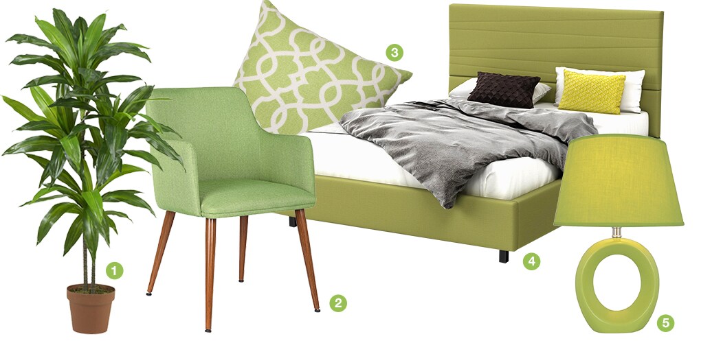 A collage of green products: a lime green table lamp, a green trellis throw pillow, a green bed, a green mid-century modern accent chair, and a silk plant. 