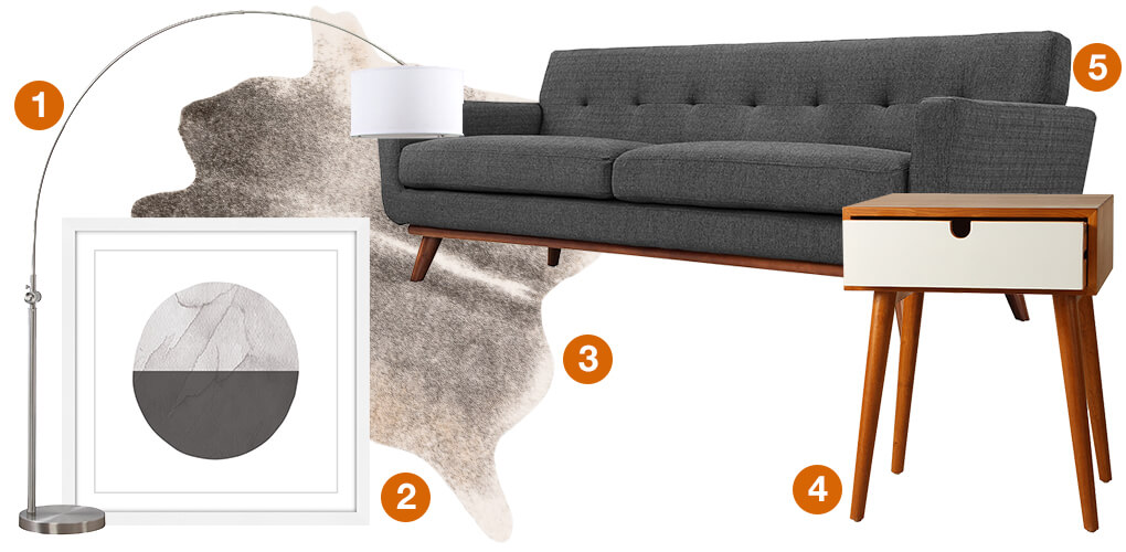 A collage of Scandinavian design products: an arched floor lamp, a tweed sofa, a chestnut brown side table with mid-century legs, a modern piece of artwork, and a rawhide area rug. 