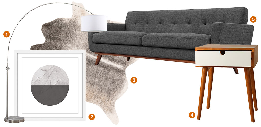 A collage of Scandinavian design products: an arched floor lamp, a tweed sofa, a chestnut brown side table with mid-century legs, a modern piece of artwork, and a rawhide area rug. 