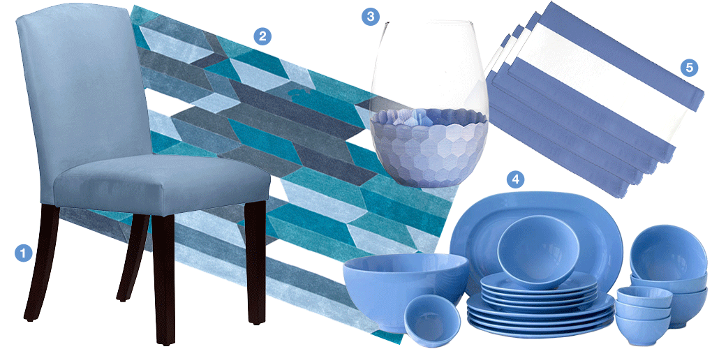 A blue monochromatic collage of products: a sky blue dining chair, a light blue stack of napkins, a set of blue dinnerware, a blue geometric area rug, a wine glass dipped in blue paint at the bottom. 