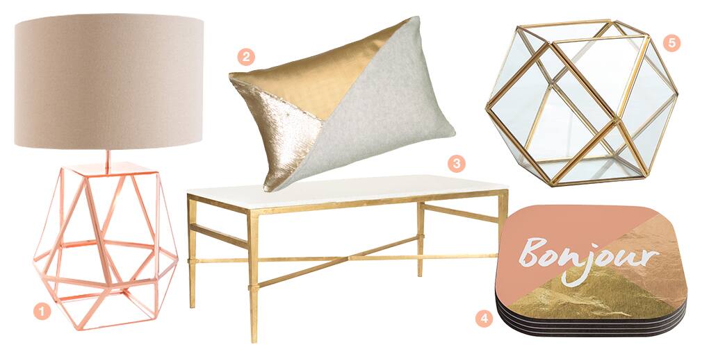 A collage of metallic products: a gold terrarium, a rose gold stack of coasters, a gold throw pillow, a gold coffee table, and a geometric rose gold table lamp. 