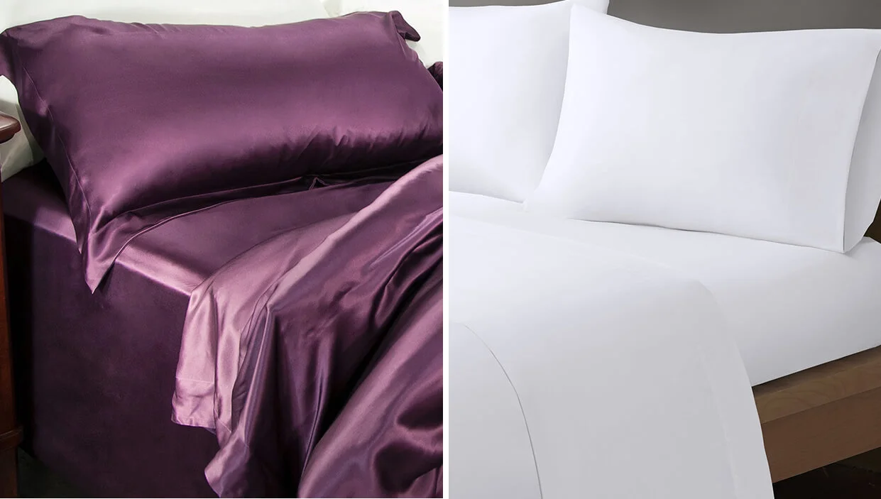 Two beds, one has purple satin sheets and the other has white cotton sheets