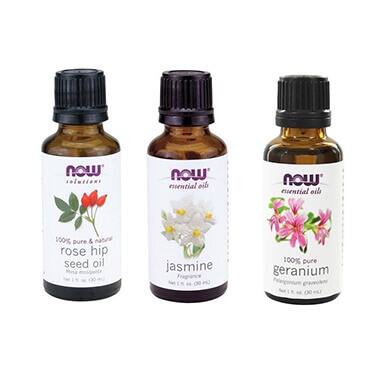 Pack of three essential oils including rose hip seed, jasmine, and geranium