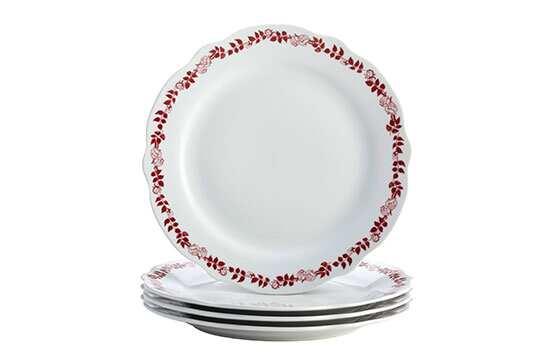 White plates with red garland trim